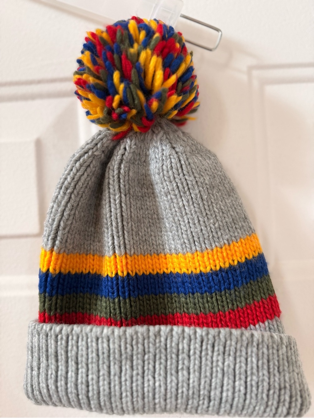 west loop Kids Gray Knit Pom Beanie with Yellow, Blue, Green & Red Stripes